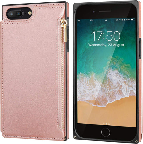 Bocasal Wallet Case for iPhone 7 Plus/8 Plus with 3 Card Slots Cash Holder Zipper Design Premium PU Leather Sturdy Magnetic Closure 5.5 Inch(Rose ...
