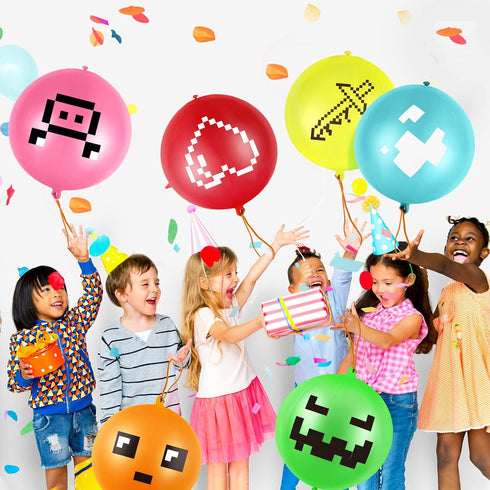 30 Pcs Pixelated Punch Balloons Colorful Latex Punch Ball Miner Video Game Party Favors Bounce Balloons with Rubber Band Handle for Birthday Party...