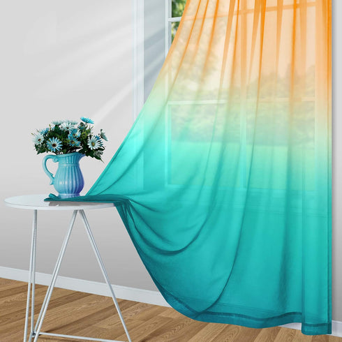 Orange and Green Curtains 63 Inch Length for Bedroom Decor Set 1 Panel Pocket Window Sheer Drape Semi Transparent Sea Turquoise Ombre Sunset Curta...