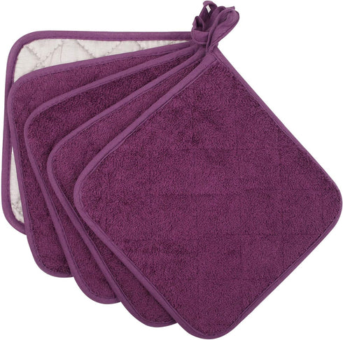 100% Cotton Kitchen Everyday Basic Terry Pot Holder Heat Resistant Coaster Potholder for Cooking and Baking Set of 5 Grape...