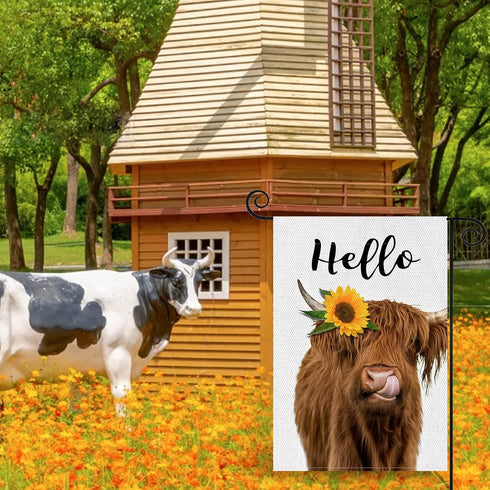 2 Pack Highland Cow Garden Flag, Spring Summer Welcome Sunflower Cow Garden Flag, 12 x 18 Inch Double Sided Vertical Burlap Floral Cow Farmhouse F...