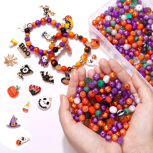 450+ Pieces Halloween Beads Making Kit,Enamel Halloween Charms Pendant Assorted Halloween Beads Jewelry Making Pumpkin Witch Hat Black Cat Spider ...