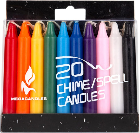 Mega Candles 20 pcs Unscented Assorted Colors Exquisite Mini Taper Spell Candles, 4 Inch Tall x 1/2 Inch Diameter, Magic Chimes, Enchantment, Cast...