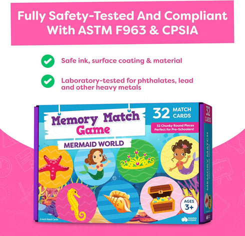 Girls Matching Memory Game for Kids - 32pc Mermaid Games Concentration Memory Card Matching Games for Children Preschool Toddler Memory Games for ...