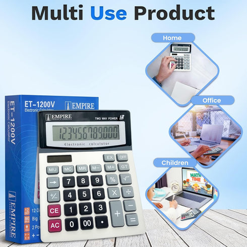 Empire Desk Calculator with Large Key Buttons, 12 Digits, Large Eye-Angled Display, Solar and Battery Powered for Home and Office (Battery Include...