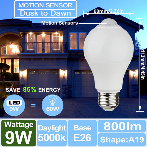 CICINY Motion Sensor Light Bulbs- 9W(60-Watt Equivalent), E26 5000K Daylight A19 800LM Outdoor/Indoor, Dusk to Dawn Security Light Bulbs for Entra...