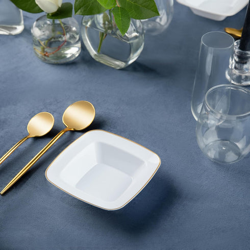 Party Plastic Bowls – White with Gold Rim - Square Plates- 10 Count- Elegant Premium Durable Dessert Bowls for Versatile Celebrations (5 oz.)...