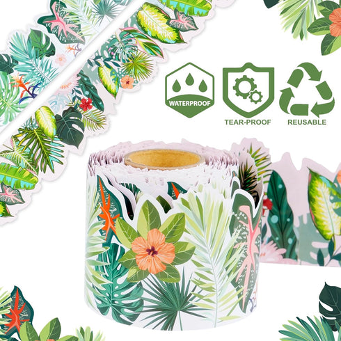 Bulletin Board Border Green Plant Tropical Die-Cut Rolled Two-Sided Printed Palm Tree Leaves Back to School Border Trim Boho Paper for Classroom D...
