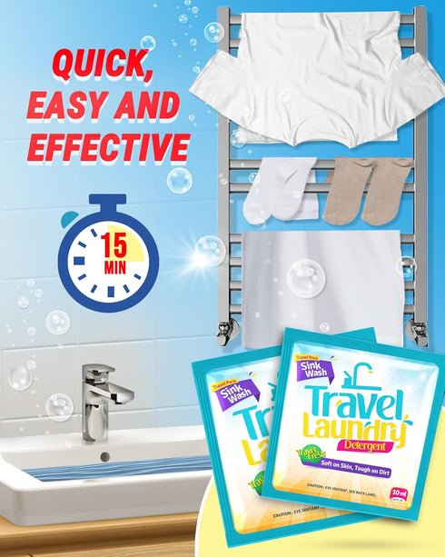 Skywin Travel Laundry Detergent 10 ml - 8 Pack Effective Travel Detergent Packets for Sink Washing - Lightweight Travel Laundry Soap, Internationa...