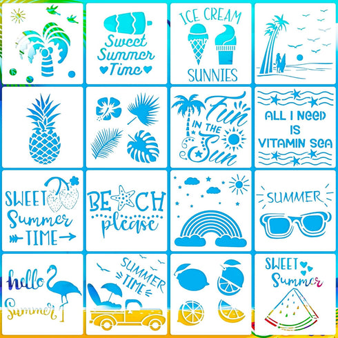 16 Pieces Summer Stencils for Painting, Reusable Beach Stencils, Hello Summer Stencils DIY Drawing Template on Paper Wall Floor Wood...