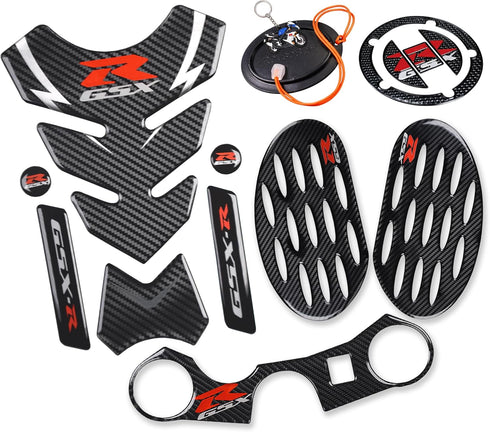 Real Carbon Look Gas Cap, Tank Pad, Triple Tree Front End Upper Top Clamp Decal Stickers,Tank Protector with Keychain for GSXR 600 GSXR 750 GSXR 1...