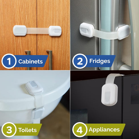 Child Safety Strap Locks (8-Pack) Baby Locks for Cabinets and Drawers, Toilet, Fridge & More. 3M Adhesive Pads. Easy Installation. (White/Gray)...