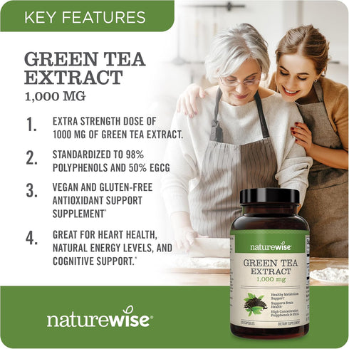 NatureWise Green Tea Extract Capsules 1000 mg - 50% EGCG & 98% Polyphenols - Extra Strength Antioxidants for Heart Health and Energy - Vegan, Glut...