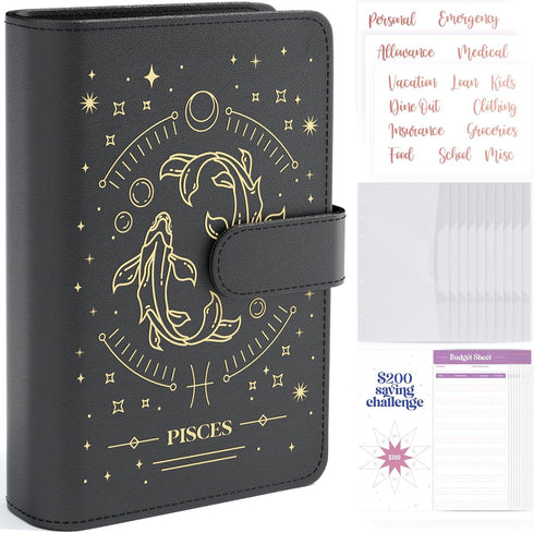 SOUL MAMA Zodiac Budget Binder with Cash Envelopes for Budgeting – Black Pisces A6 Binder, Money Organizer for Cash Binder, Money Saving Binder wi...