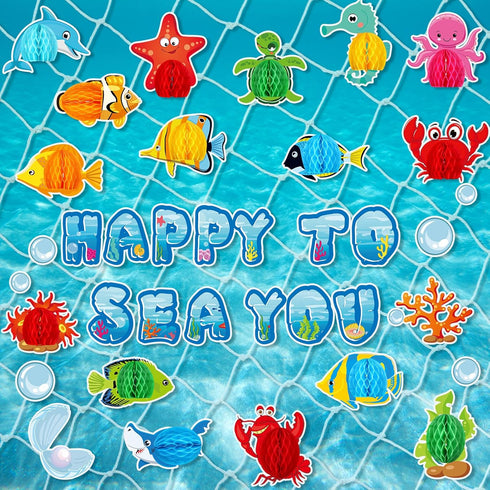 76 Pieces Ocean Themed Party Decorations Under Sea Cutouts with Ocean Sea Animals Honeycomb Centerpiece with Fishing Net for Classroom Bulletin Bo...