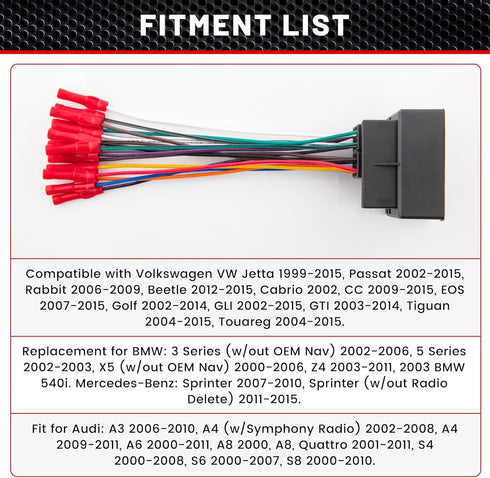 RED WOLF Car Stereo Wiring Harness Compatible with Volkswagen 2004-2015, BMW 3/5, Audi 2002-2010 Aftermarket Install Power/Speaker CD Player Conne...