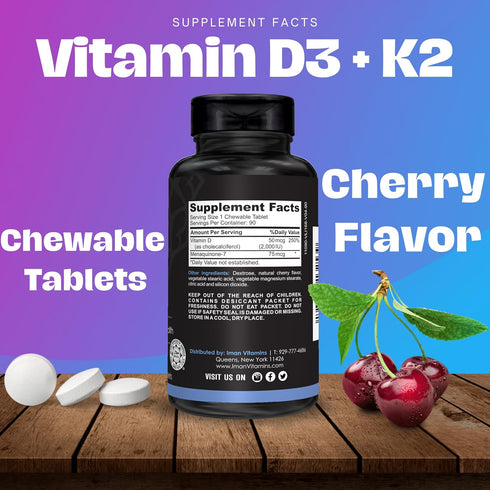 Halal Vitamin D3 with K2 Chewable Tablets - Vitamin D 2000 iu + Menaquinone-7 (MK7) | Supports Heart Health, Bones, and Muscles Health | 90 Count ...