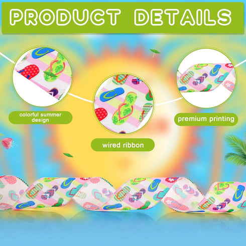 Ceenna 4 Rolls of 20 Yards Summer Ribbon 2.5 Inch Wide Wired Ribbon Flip Flops Surfboards Hibiscus Tropical Leaves Print for DIY Craft Wreath Part...
