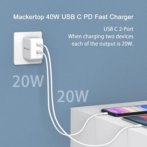 40W Dual-Port USB C Charger - Charge Two Devices Simultaneously, 20W Per Port, Compact and Safe - Compatible with iPhone 14/13/12, iPad, Samsung G...