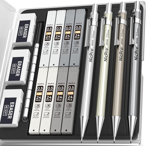 Nicpro 4 Pack 0.5mm Mechanical Pencil Set with Case, Metal Mechanical Pencil Drafting Pencil Lead 0.5mm for Artist Writing, Sketching, Drawing, 8 ...
