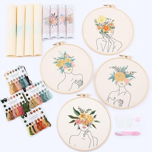 REEWISLY 4 pcs of Embroidery Starter kit with Patterns and Instructions, DIY Adult Beginner Cross Stitch Kits, Including 2 Plastic Embroidery Ring...