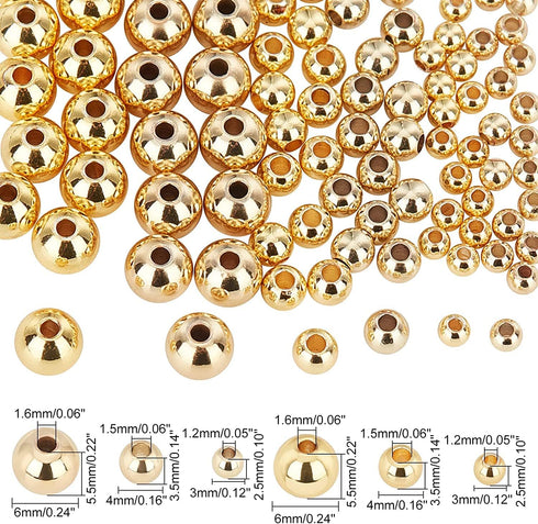 PH PandaHall 180pcs 18K Gold Plated Beads, 3mm 4mm 6mm Bracelet Bead Smooth Metal Spacer Beads Seamless Gold Ball Brass Tiny Bead for Summer Hawai...