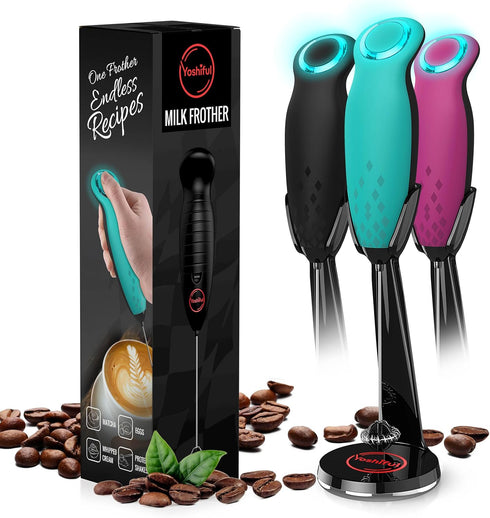 Milk Frother for Coffee with Deluxe Stand - Coffee Frother Handheld Foam Maker for Lattes - Turbine Whisk Drink Mixer Handheld - Frother Wand Stir...