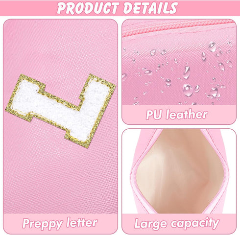 Initial Makeup Bag for Women Travel Small PU Leather Cosmetic Bag Cute Pink Personalized Preppy Chenille Letter Makeup Pouch for Purse Zippered To...