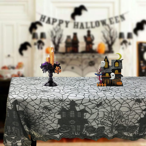 Halloween Tablecloth - Gothic Black Lace Spider Web Table Cover for Halloween Masquerade, Dinner Party, Scary Movie Nights Table Decorations - 53x...