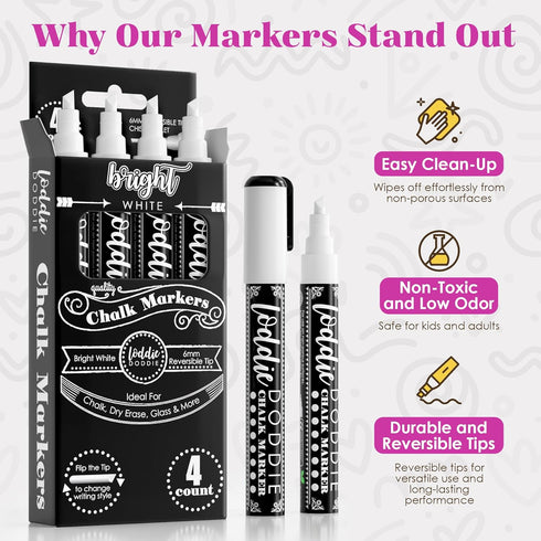 Loddie Doddie Liquid Chalk Markers - Pack of 4, 6mm White Chalk Markers for Chalkboard, Window, Glass & Bistro, Bullet & Chisel Tip - Erasable Ink...