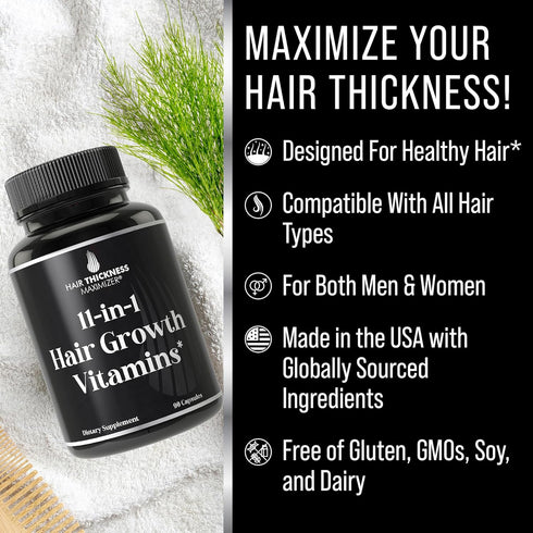 11-in-1 Vegan Hair Growth Vitamins for Thinning & Brittle Hair – Advanced Vitamin Complex with 5000mcg Biotin, Pumpkin Seed, Zinc. Supports Thicke...