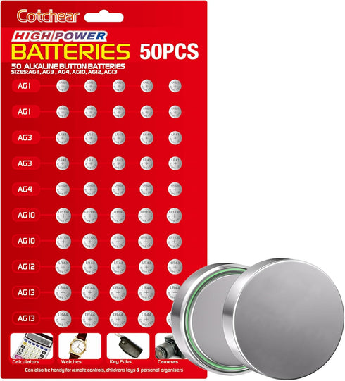 Cotchear 50pcs Alkaline Cell Batteries Assorted 1.5 Volt AG1/LR621 AG3/LR41 AG4/LR626 AG10/LR1130 AG12/LR43 AG13/LR44 Coin Batteries Set 0% Mercur...