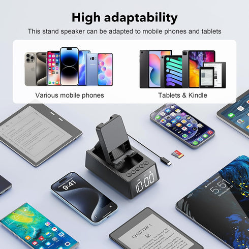 Deeyaple 3 in 1 Wireless Bluetooth Speaker with Loud Alarm Clock Cell Phone Stand TF Card Reader 12H Display Mic HD Surround Sound Cell Phone?Tabl...