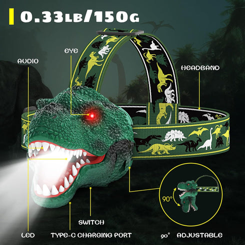 Dysaim Kids Headlamp,Rechargeable T-Rex Dinosaur Headlamp for Kids and LED Head Lamp Camping Gear Flashlight,Hiking Accessories Headlight Toys,Fou...