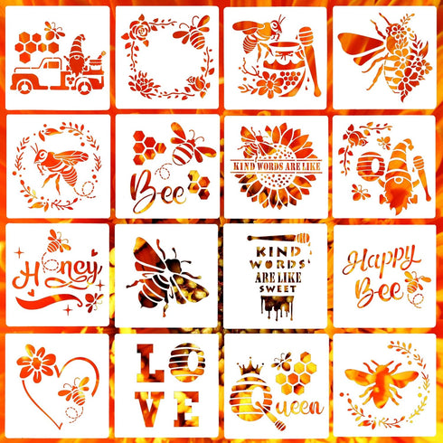 16 Pieces Bee Stencils Honeycomb Stencils Reusable Plastic Art Craft Stencils Sunflower Stencils Honey Bee Stencils for Painting on Wall Fabric Fu...