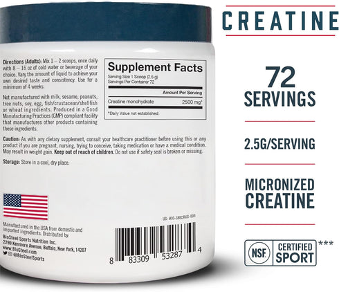 BioSteel Creatine Monohydrate Powder - 72 Servings, 180g, Micronized for Muscle Recovery & Lean Muscle, NSF for Sport Certified Creatine Powder...