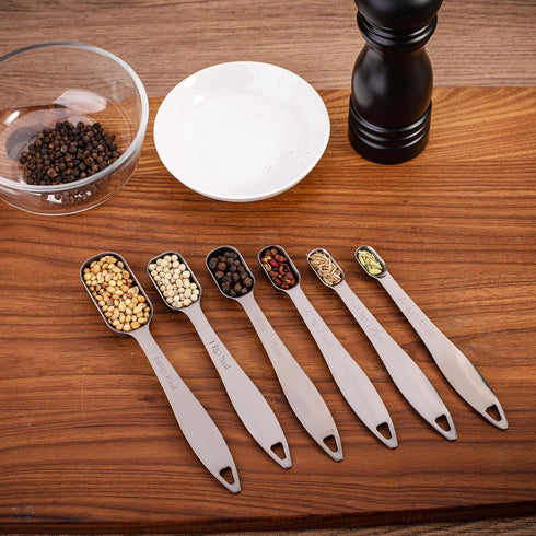 Accurate 18/8 Stainless Steel Measuring Spoons, Heavy Duty Good Handle Set of 6 Measuring Spoon with Ring Connector, Dark Grey...