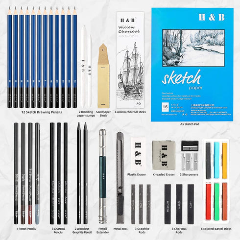 H & B 48 Professional Sketching Pencils and Drawing Kits, Including Sketching Pads, Graphite Pencils, Pencil Sharpener and Eraser, Artist's Art Su...