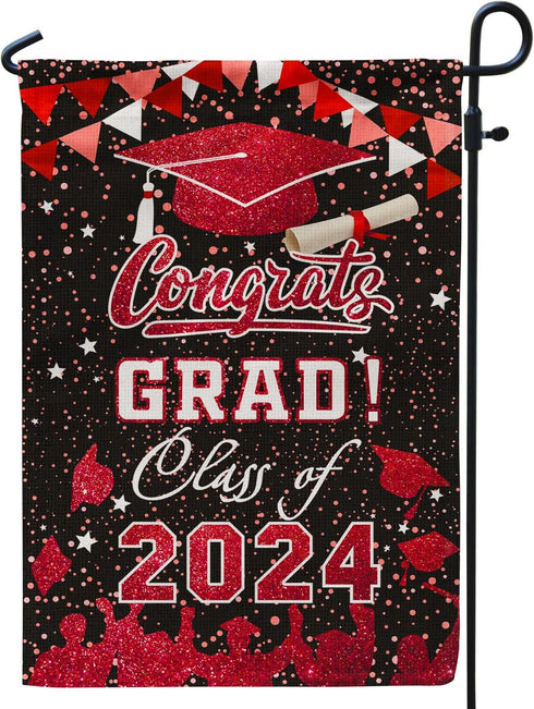 Graduation Garden Flag Class of 2024, Red Congrats Grade Flag for Outside Party Hanging Decorations 12x18 Inch Burlap...