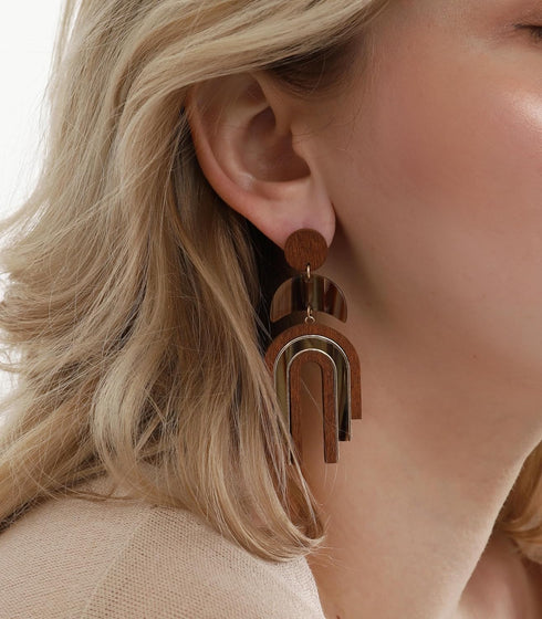 Ozel - Natural Wooden Acrylic Boho Drop Dangle Earrings for Women - Geometric Statement Jewellery - Brown, Black, Magent Red, Olive Green, White b...