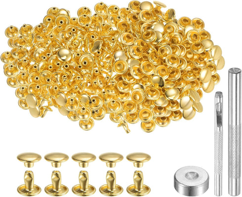 HARFINGTON 200 Sets Leather Rivets 8mm x 6mm Metal Double Cap Rivet Snaps Studs Fasteners with 3pcs Setting Tools Rivets for Leather Craft DIY Rep...