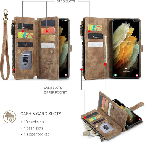 UEEBAI Wallet Case for Samsung Galaxy S21 Ultra 5G, Premium Handmade PU Leather Phone Case Card Slots Magnetic Closure Zipper Pocket Kickstand Fli...