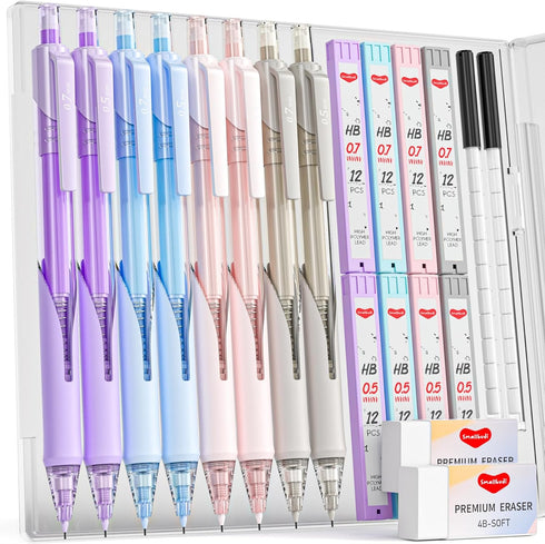 8PCS 0.5 & 0.7 mm Pastel Mechanical Pencil With Case -Never Click, Lead Pencils with 16 Tubes HB Lead Refills, Erasers for School Kids & Student D...