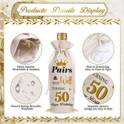 Wxiben 50th Birthday Wine Bags - 1pcs 1974 Wine Gifts for Women Men 50 Year Old Burlap Wine Gift Bag Over the Hill 50th Birthday Party Decorations...