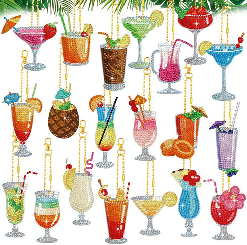 Henoyso 20 Pcs Summer Diamond Painting Keychain Kits Cocktail 5D Drill Mosaic Diamond Painting Ornaments Diamond Painting Kits for Beginners Diamo...