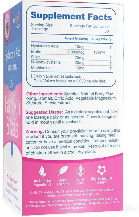 Hyalogic Hair Skin & Nails Hyaluronic Acid Collagen Builder – Delicious Berry Flavored Collagen Boost Chewable Lozenges – Sugar Free Vegan Collage...