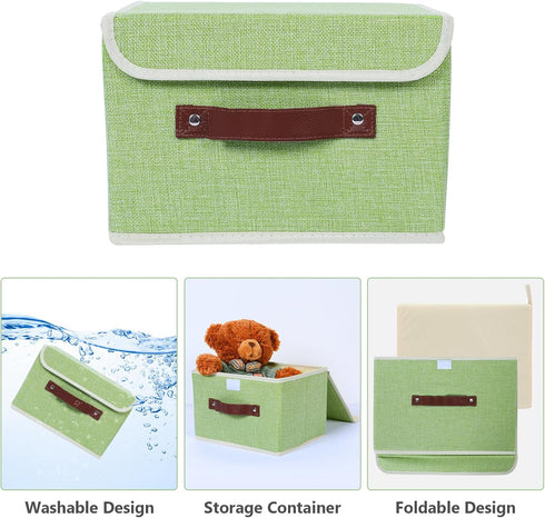 Collapsible Storage Bins with Lids & PU Leather Handles - PP Plastic Board Washable Linen Fabric Storage Box, Foldable Storage Cube for Home Bedro...