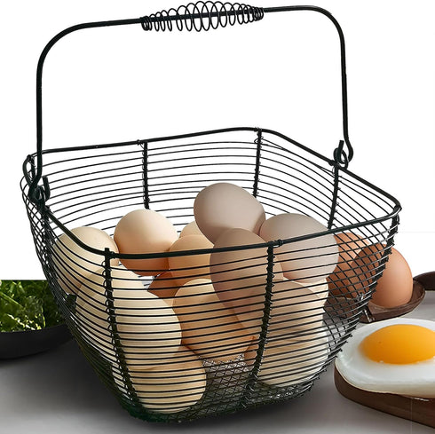 Black Square Wire Egg Basket For Fresh Egg with Handle,Famhouse Small Metal Egg Collecting Basket for Gathering Fresh Eggs Chicken Basket Decor fo...