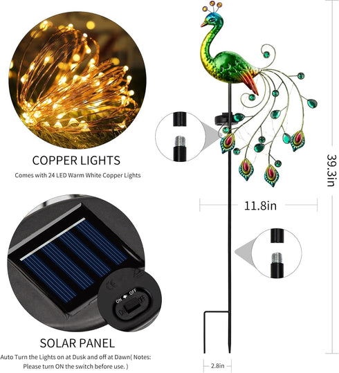 Glintoper Solar Garden Lights, 39 Inch Height Outdoor Metal Peacock Decorative Garden Stakes, Mothers Day Ideal Gifts, Waterproof Path Lights Lawn...