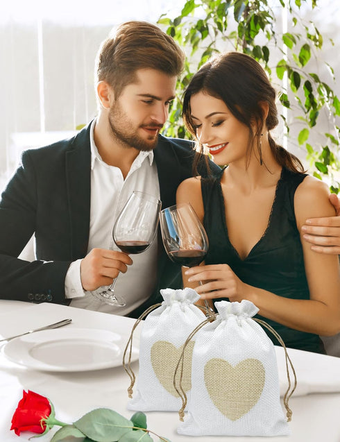 Jexila 24PCS Burlap Drawstring Gift Bags 5X7 Inches Heart Print Linen Burlap Jewelry Gift Bags Fabric Cloth Candy Goodie Pouches for Wedding Showe...